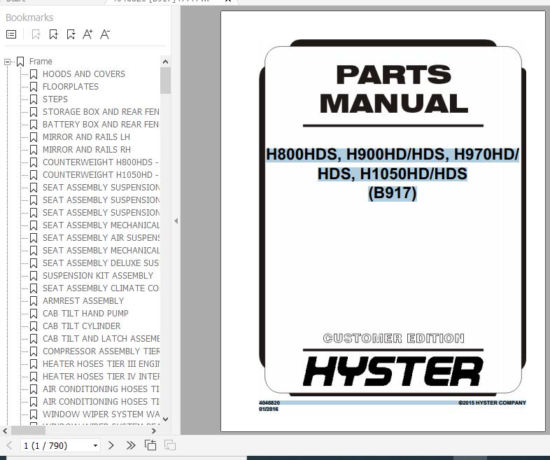 Hyster Forklift Truck B917 H800HDS H900HDHDS H970HDHDS H1050HDHDS Parts Manual 4046820 1