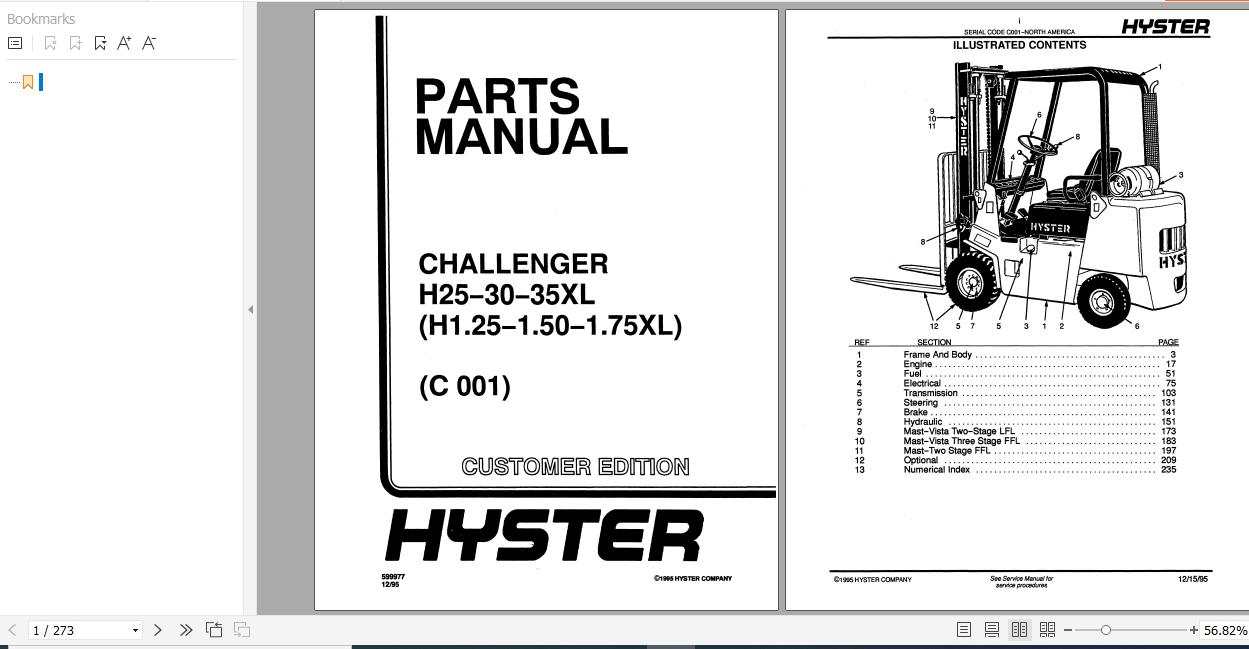 Hyster Forklift Truck C001 H25 30 35XL H1.25 1.50 1.75XL Parts Manual 599977 1