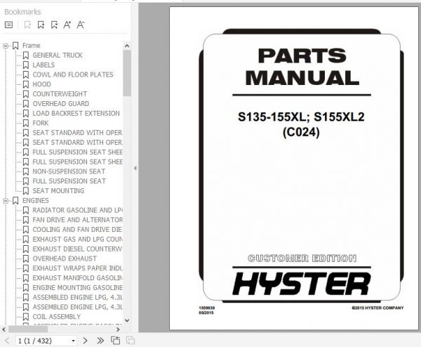Hyster Forklift Truck C024 S135 155XL S155XL2 Parts Manual 1559939 1