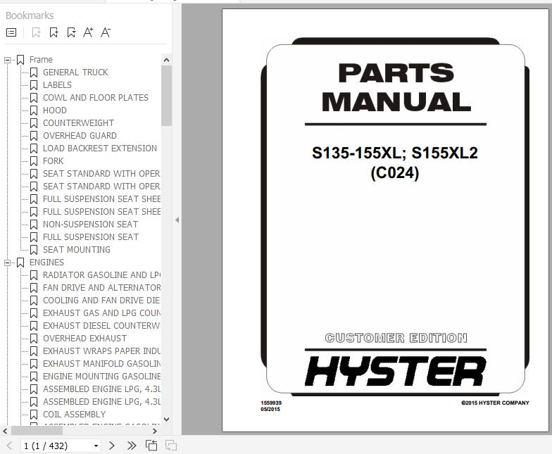 Hyster Forklift Truck C024 S135 155XL S155XL2 Parts Manual 1559939 1