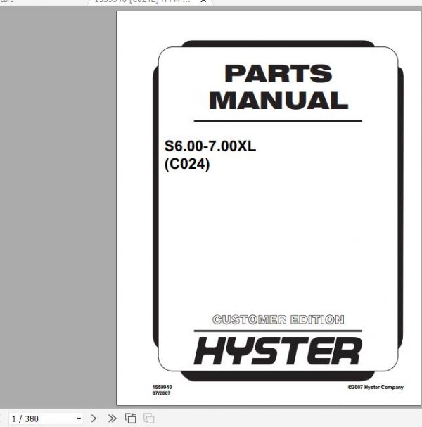 Hyster Forklift Truck C024 S6.00 7.00XL Europe Parts Manual 1559940 1