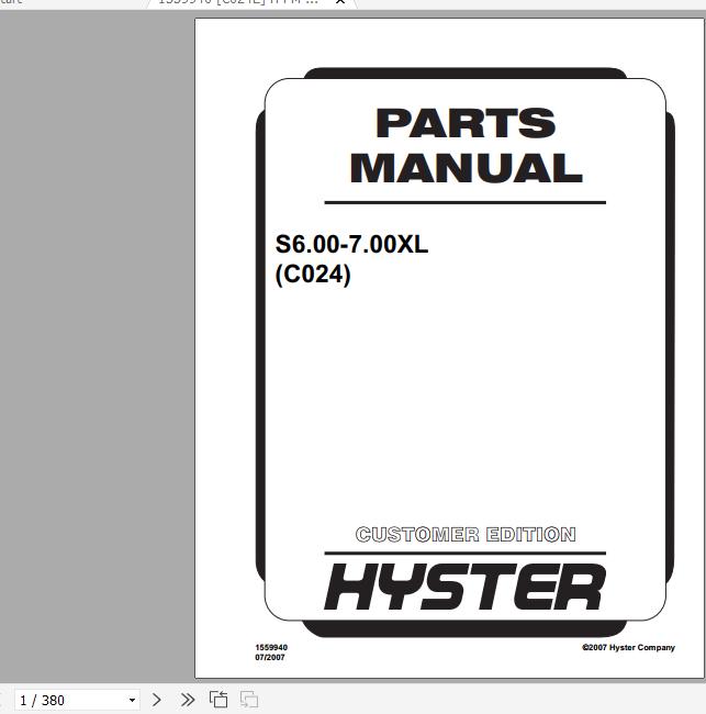 Hyster Forklift Truck C024 S6.00 7.00XL Europe Parts Manual 1559940 1