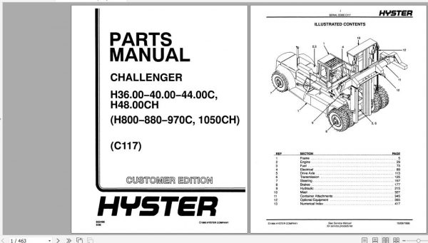 Hyster Forklift Truck C117 H36.00 48.00CH H800 880 970C 1050CH Parts Manual 852498 1