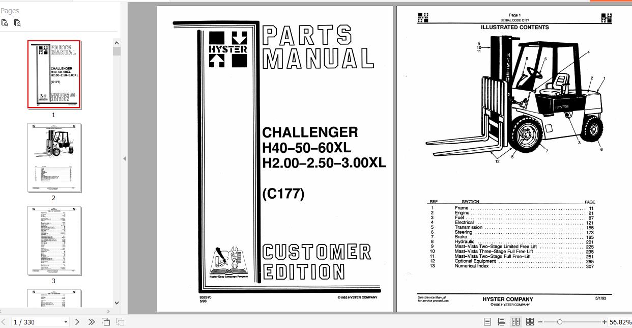 Hyster Forklift Truck C177 H40 50 60XL H2.00 2.50 3.00X Parts Manual 852670 1