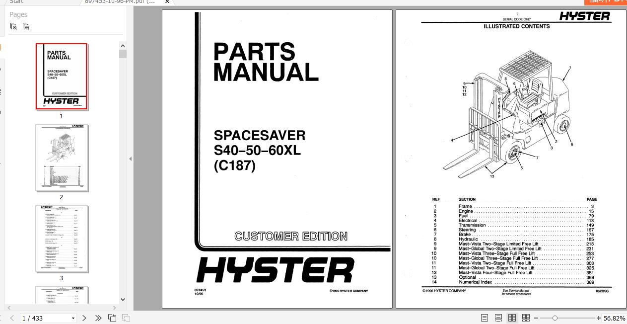 Hyster Forklift Truck C187 S40 50 60XL Parts Manual 897453 1