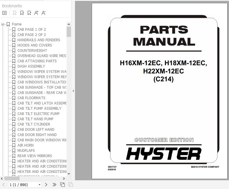 Hyster Forklift Truck C214 H16XM 12EC H18XM 12EC H22XM 12EC Europe Parts Manual 4031727 1