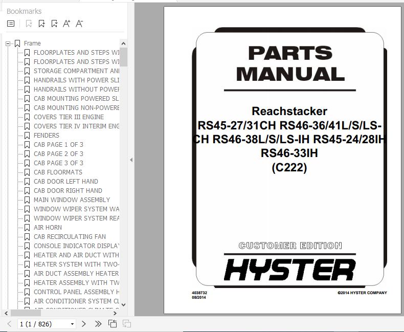 Hyster Forklift Truck C222 RS45 2731CH RS46 3641LSLS CH RS46 38LSLS IH RS45 2428IH RS46 33IH Europe Parts Manual 4038732 1