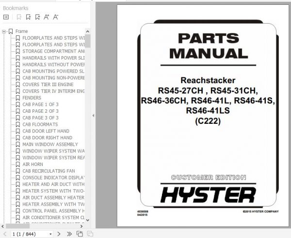 Hyster Forklift Truck C222 RS45 27CHRS45 31CHRS46 36CHRS46 41LRS46 41SRS46 41LS Parts Manual 4038588 1