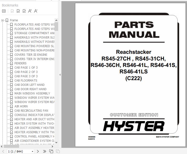 Hyster Forklift Truck C222 RS45 27CHRS45 31CHRS46 36CHRS46 41LRS46 41SRS46 41LS Parts Manual 4038588 1