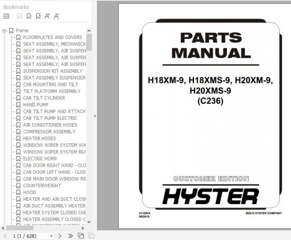 Hyster Forklift Truck C236 H18XM 9H18XMS 9H20XM 9H20XMS 9 Europe Parts Manual 4119344 1
