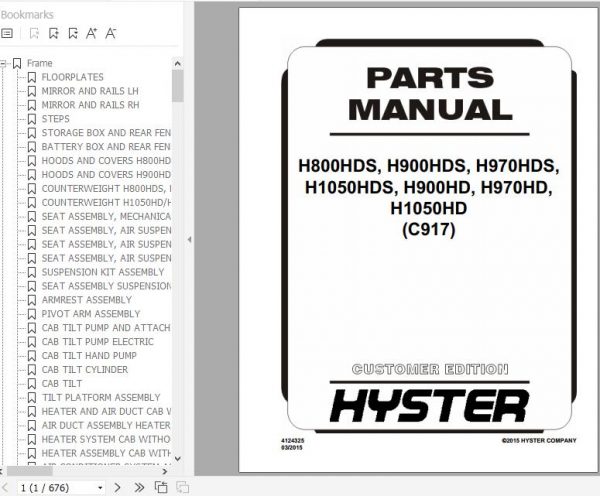 Hyster Forklift Truck C917 H800HDSH900HDSH970HDSH1050HDSH900HDH970HDH1050HD Parts Manual 4124325 1