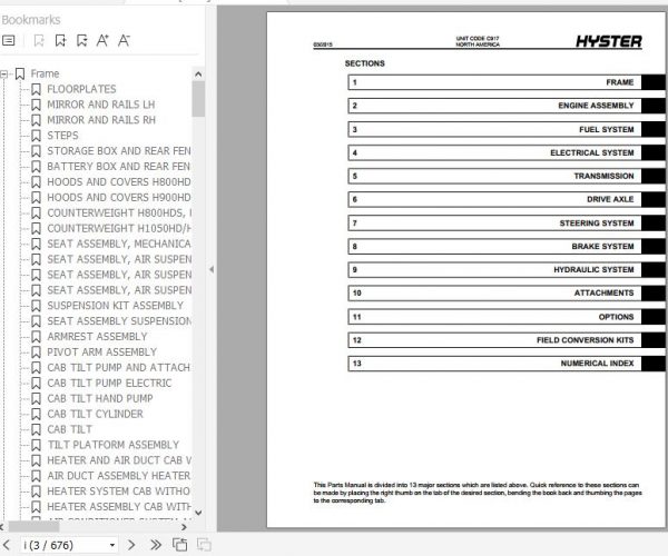 Hyster Forklift Truck C917 H800HDSH900HDSH970HDSH1050HDSH900HDH970HDH1050HD Parts Manual 4124325 2