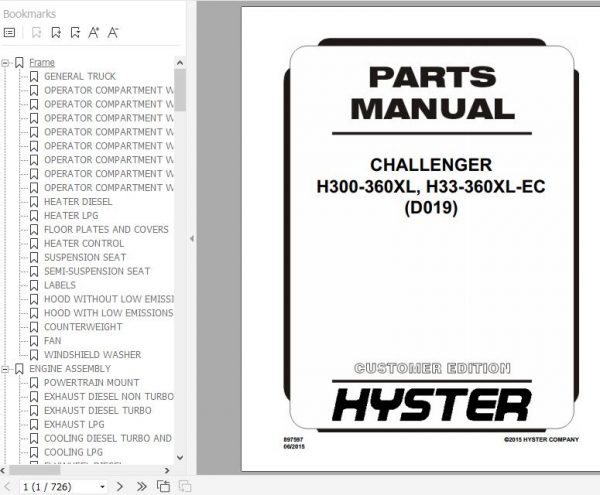 Hyster Forklift Truck CHALLENGER D019 H300 360XL H33 360XL EC Parts Manual 897597 1