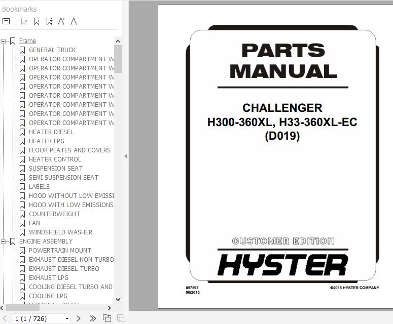 Hyster Forklift Truck CHALLENGER D019 H300 360XL H33 360XL EC Parts Manual 897597 1