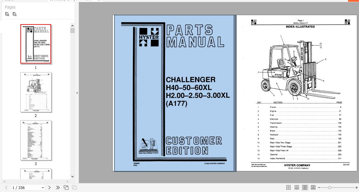 Hyster Forklift Truck Challenger A177 H40 50 60XL H2.00 2.50 3