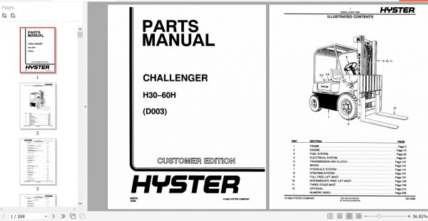 Hyster Forklift Truck Challenger D003 H30 60H Parts Manual 599276 1