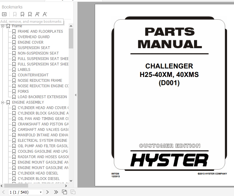 Hyster Forklift Truck D001 H25XM H30XM H35XMH40XM H40XMS Parts Manual 897536 1