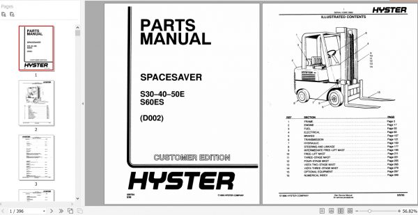 Hyster Forklift Truck D002 S30 40 50E S60ES Parts Manual 599764 1