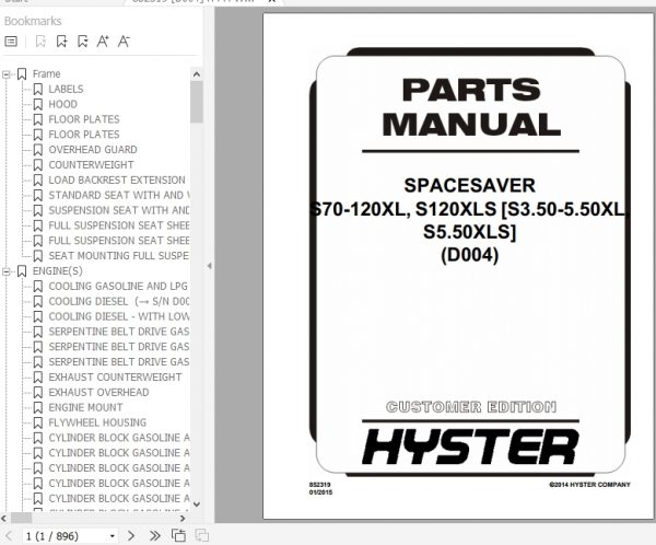 Hyster Forklift Truck D004 S70 120XL S120XLS S3.50 5.50XLS5.50XLS Parts Manual 852319 1