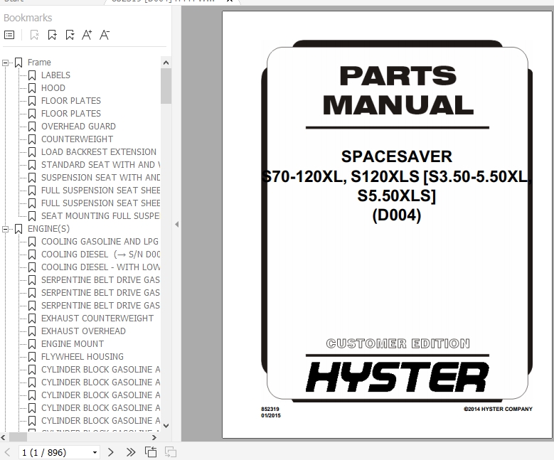 Hyster Forklift Truck D004 S70 120XL S120XLS S3.50 5.50XLS5.50XLS Parts Manual 852319 1