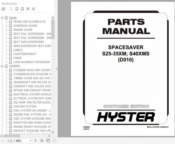Hyster Forklift Truck D010 S25 35XM S40XMS Parts Manual 1492500 1