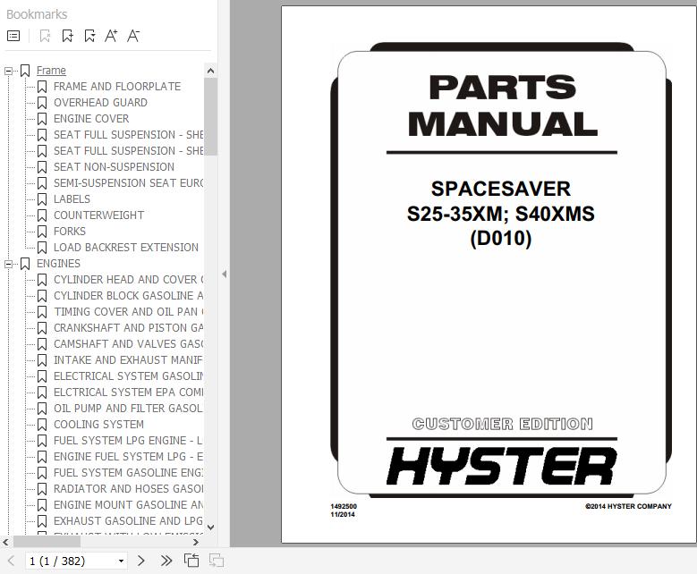 Hyster Forklift Truck D010 S25 35XM S40XMS Parts Manual 1492500 1