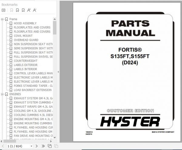 Hyster Forklift Truck D024 S135FTS155FT Parts Manual 1652512 1
