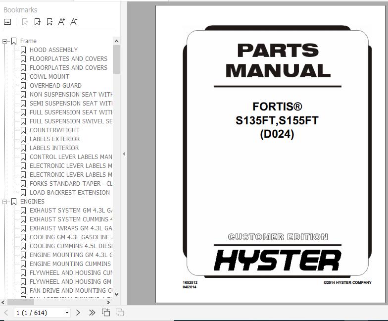 Hyster Forklift Truck D024 S135FTS155FT Parts Manual 1652512 1