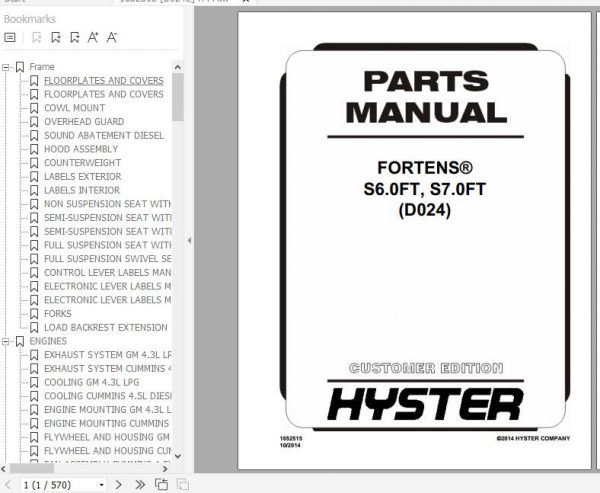 Hyster Forklift Truck D024 S6.0FT S7.0FT Parts Manual 1652515 1