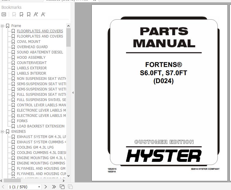 Hyster Forklift Truck D024 S6.0FT S7.0FT Parts Manual 1652515 1