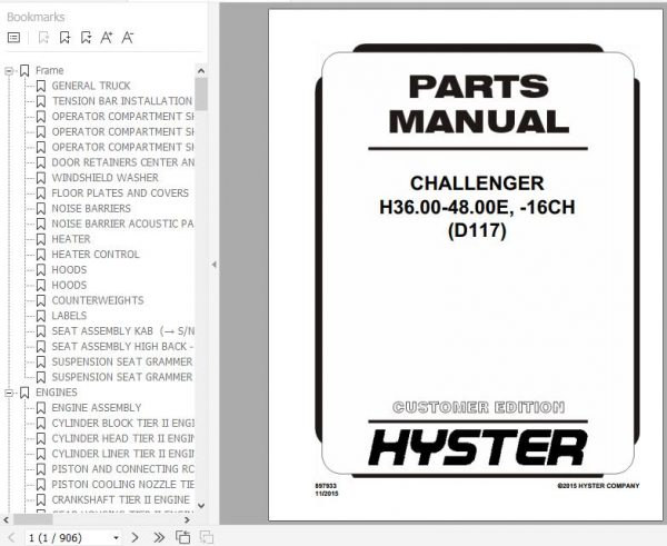 Hyster Forklift Truck D117 H36.00 48.00E 16CH Parts Manual 897933 1