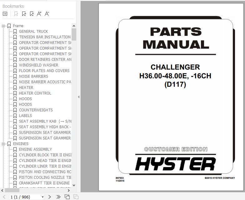 Hyster Forklift Truck D117 H36.00 48.00E 16CH Parts Manual 897933 1