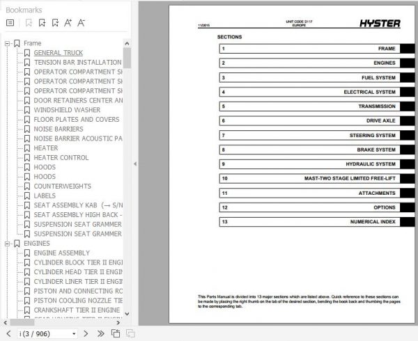 Hyster Forklift Truck D117 H36.00 48.00E 16CH Parts Manual 897933 2
