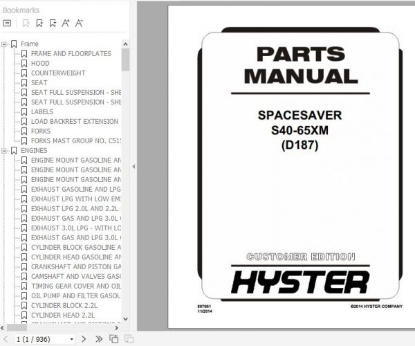 Hyster Forklift Truck D187 S40 65XM Parts Manual 897661 1