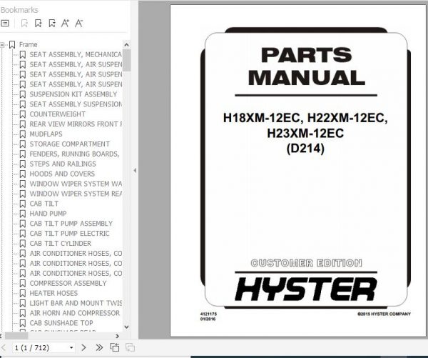 Hyster Forklift Truck D214 H18XM 12EC H22XM 12EC H23XM 12EC Europe Parts Manual 4121175 1
