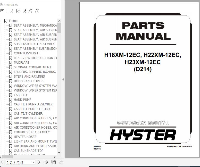Hyster Forklift Truck D214 H18XM 12EC H22XM 12EC H23XM 12EC Europe Parts Manual 4121175 1