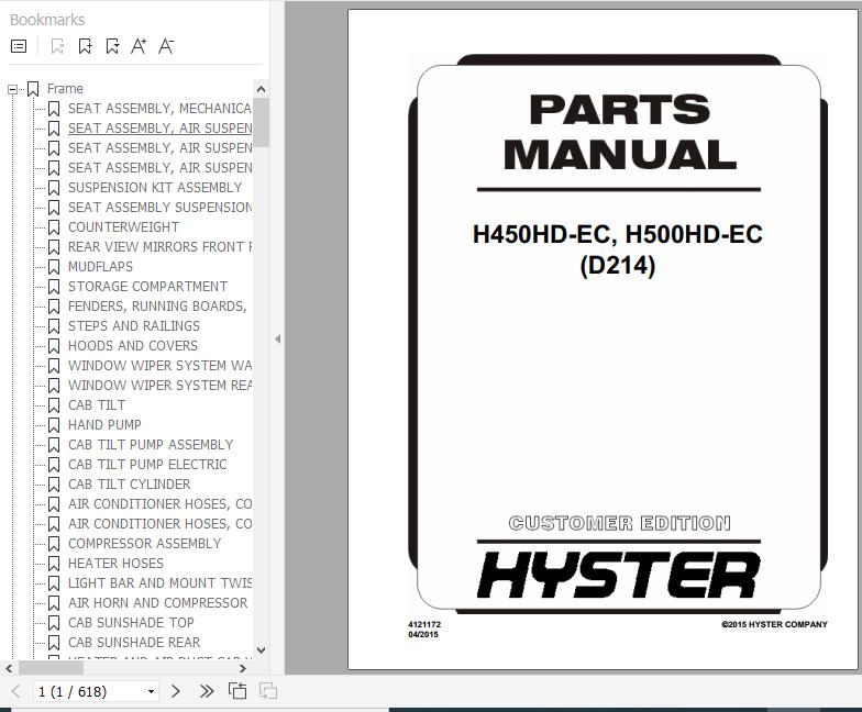 Hyster Forklift Truck D214 H450HD EC H500HD EC Parts Manual 4121172 1