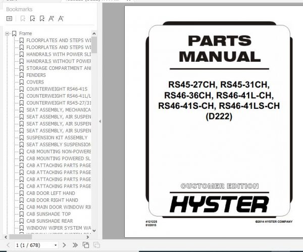 Hyster Forklift Truck D222 RS45 27CHRS45 31CHRS46 36CHRS46 41LCHRS46 41SCHRS46 41LSCH Parts Manual 4121225 1