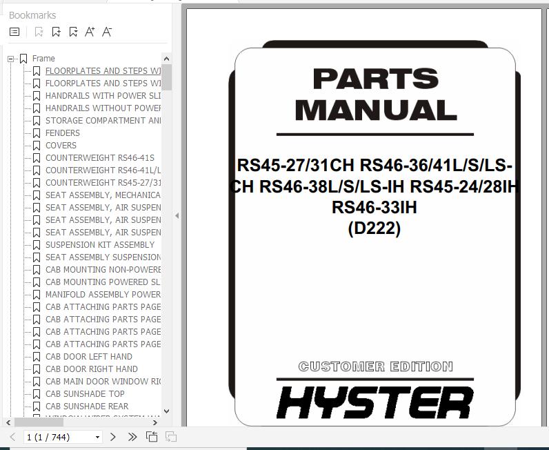 Hyster Forklift Truck D222 RS45 RS46 Parts Manual 4121228 1