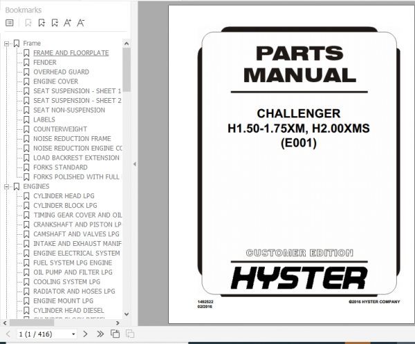 Hyster Forklift Truck E001 E001 H25 40XM H40XMS Parts Manual 1492521 1