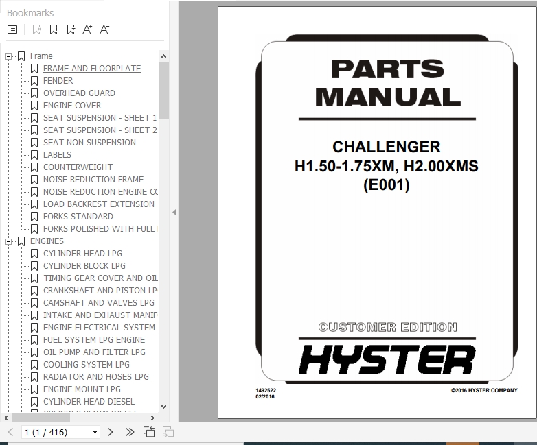 Hyster Forklift Truck E001 E001 H25 40XM H40XMS Parts Manual 1492521 1
