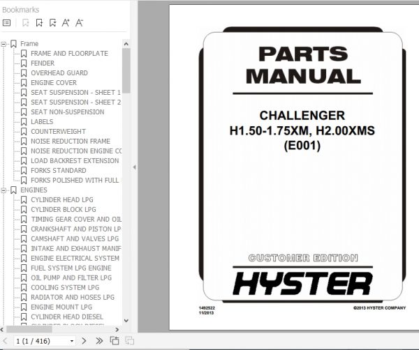 Hyster Forklift Truck E001 H1.50 1.75XM H2.00XMS Europe Parts Manual 1492522 1