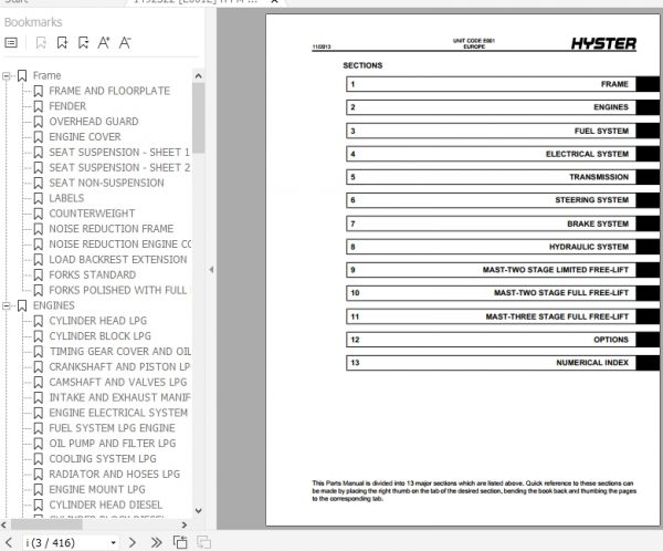 Hyster Forklift Truck E001 H1.50 1.75XM H2.00XMS Europe Parts Manual 1492522 2