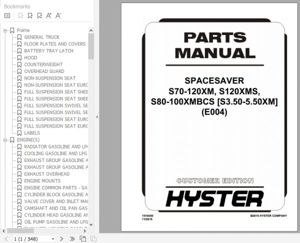 Hyster Forklift Truck E004 S70 120XMS120XMSS80 100XMBCSS3.50 5.50XM Parts Manual 1510450 1