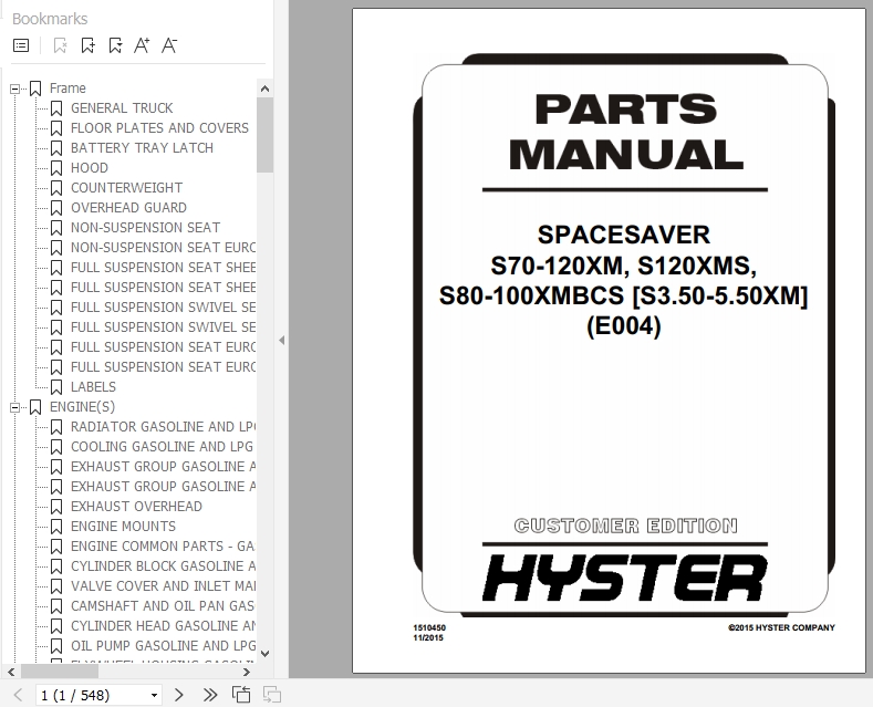 Hyster Forklift Truck E004 S70 120XMS120XMSS80 100XMBCSS3.50 5.50XM Parts Manual 1510450 1