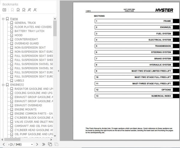 Hyster Forklift Truck E004 S70 120XMS120XMSS80 100XMBCSS3.50 5.50XM Parts Manual 1510450 2