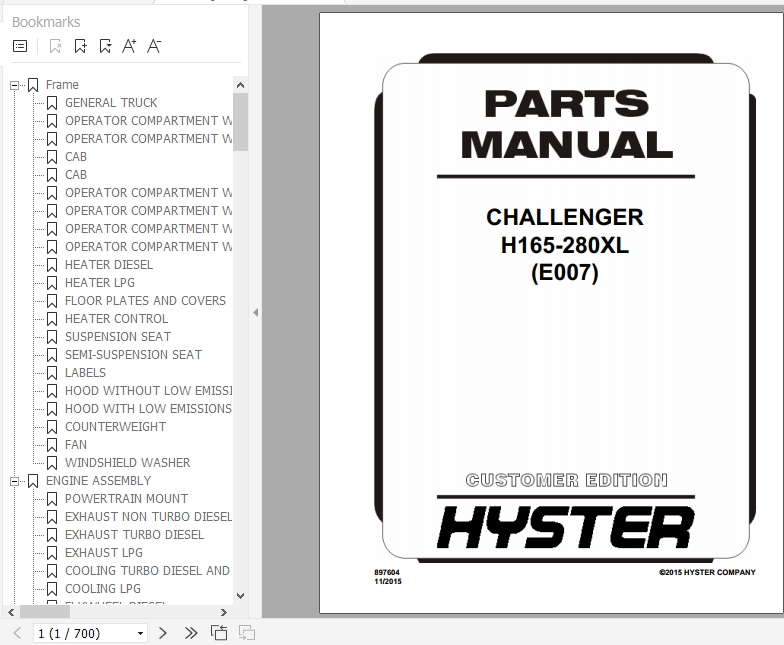 Hyster Forklift Truck E007 H165 280XL Parts Manual 897604 1