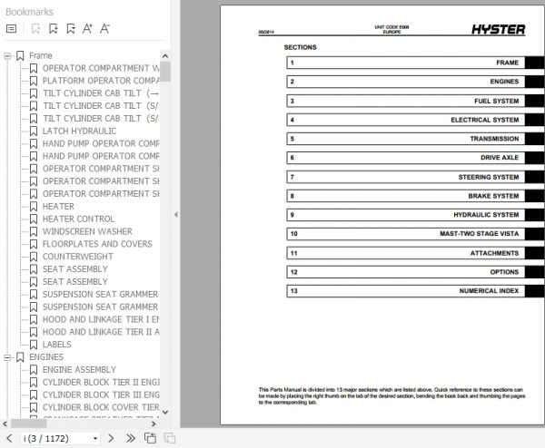 Hyster Forklift Truck E008 H20.00 32.00F Europe Parts Manual 897459 2