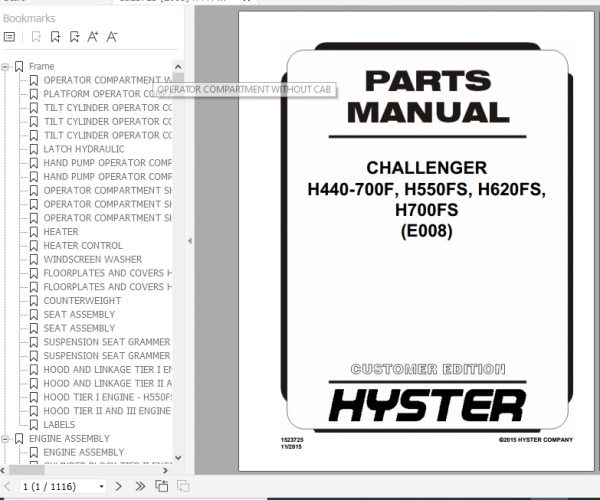 Hyster Forklift Truck E008 H440 700F H550FS H620FS H700FS Parts Manual 1523725 1