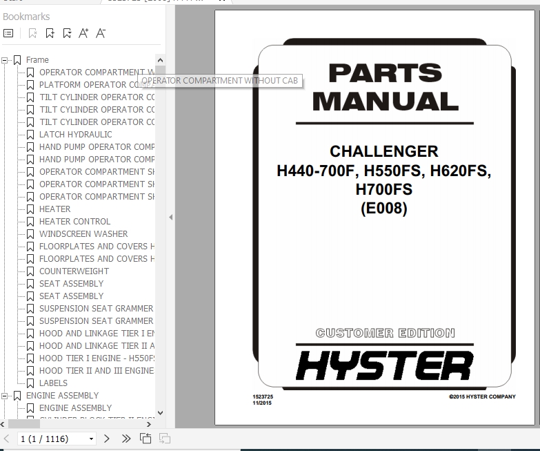 Hyster Forklift Truck E008 H440 700F H550FS H620FS H700FS Parts Manual 1523725 1